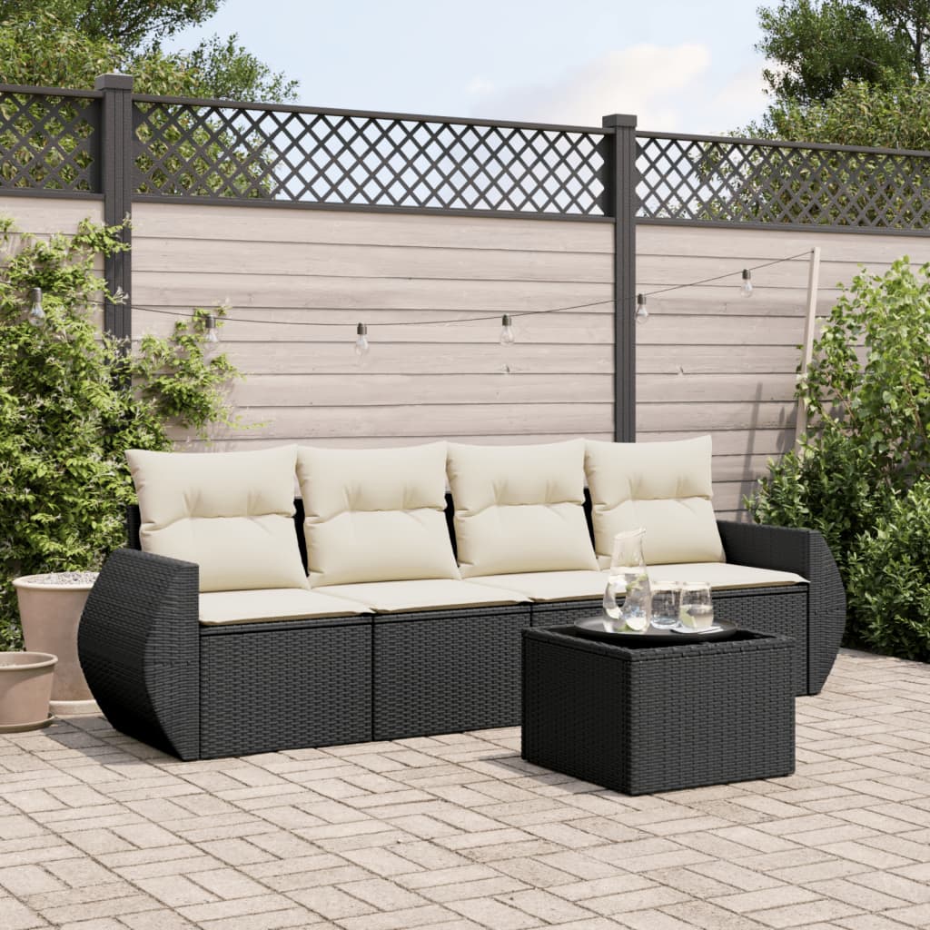 5-tlg. Garten-Sofagarnitur mit Kissen Schwarz Poly Rattan