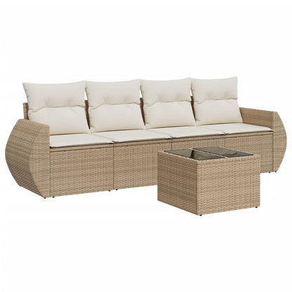 5-tlg. Garten-Sofagarnitur mit Kissen Beige Poly Rattan