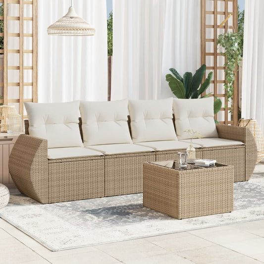 5-tlg. Garten-Sofagarnitur mit Kissen Beige Poly Rattan