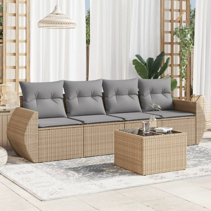 5-tlg. Garten-Sofagarnitur mit Kissen Beige Poly Rattan