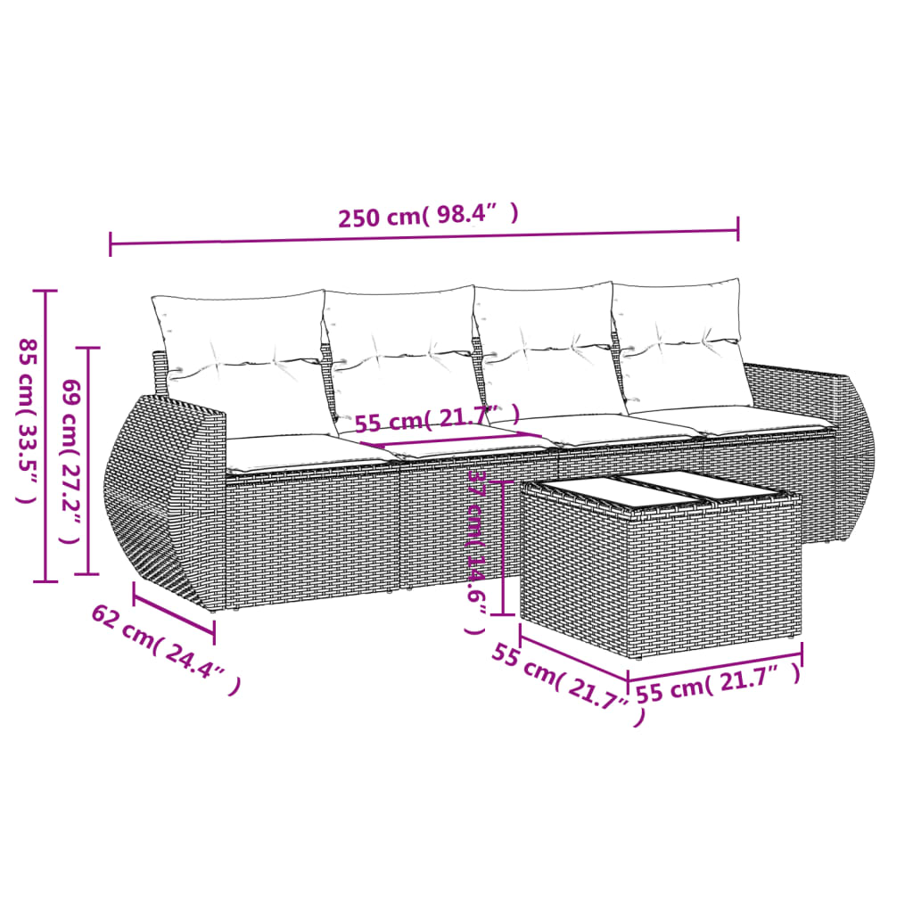 5-tlg. Garten-Sofagarnitur mit Kissen Grau Poly Rattan