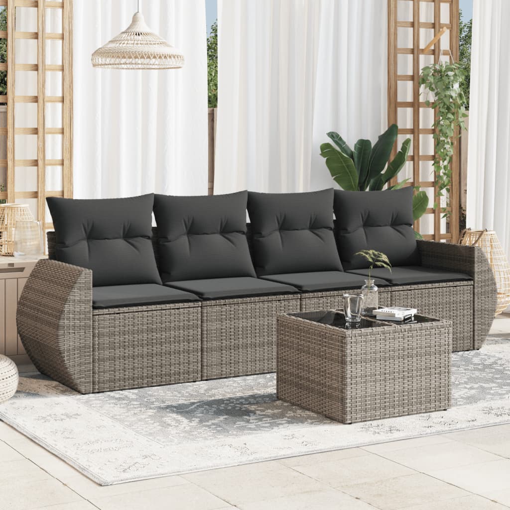 5-tlg. Garten-Sofagarnitur mit Kissen Grau Poly Rattan