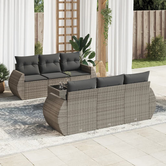 7-tlg. Garten-Sofagarnitur mit Kissen Grau Poly Rattan