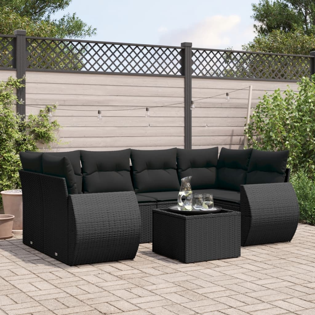 7-tlg. Garten-Sofagarnitur mit Kissen Schwarz Poly Rattan