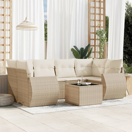 7-tlg. Garten-Sofagarnitur mit Kissen Beige Poly Rattan