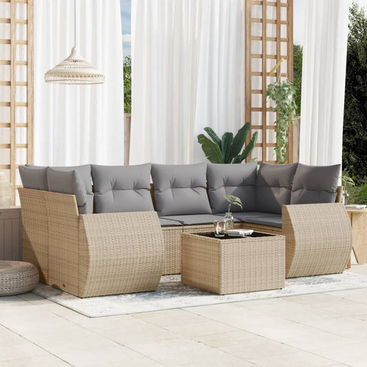 7-tlg. Garten-Sofagarnitur mit Kissen Beige Poly Rattan