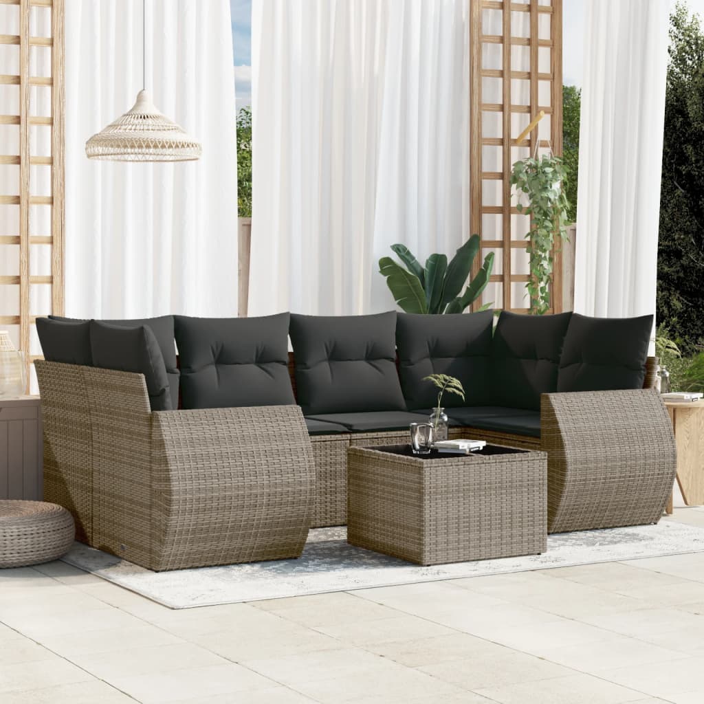 7-tlg. Garten-Sofagarnitur mit Kissen Grau Poly Rattan