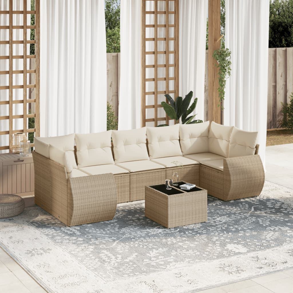 8-tlg. Garten-Sofagarnitur mit Kissen Beige Poly Rattan