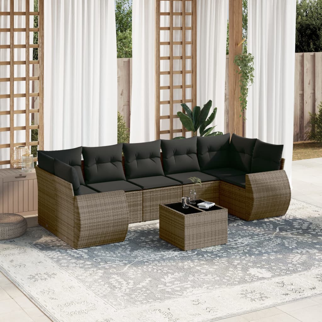 8-tlg. Garten-Sofagarnitur mit Kissen Grau Poly Rattan