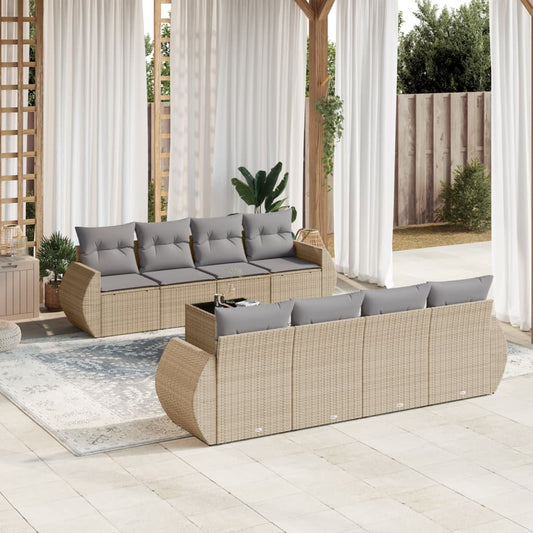 9-tlg. Garten-Sofagarnitur mit Kissen Beige Poly Rattan