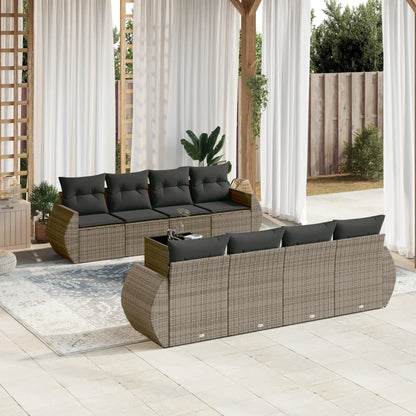 9-tlg. Garten-Sofagarnitur mit Kissen Grau Poly Rattan