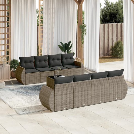 9-tlg. Garten-Sofagarnitur mit Kissen Grau Poly Rattan