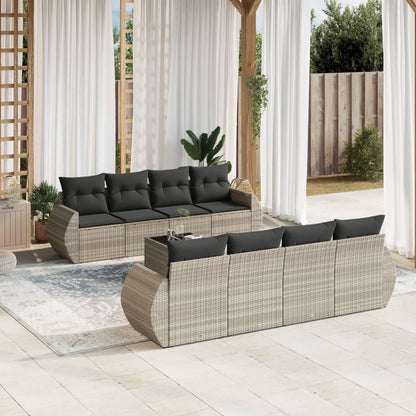 9-tlg. Garten-Sofagarnitur mit Kissen Hellgrau Poly Rattan