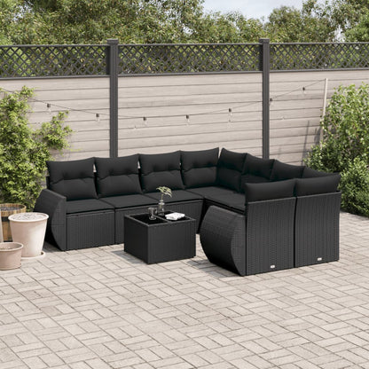 9-tlg. Garten-Sofagarnitur mit Kissen Schwarz Poly Rattan