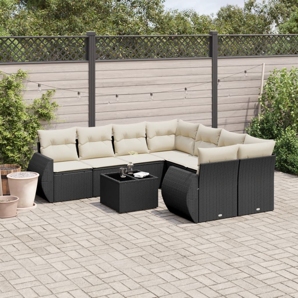 9-tlg. Garten-Sofagarnitur mit Kissen Schwarz Poly Rattan