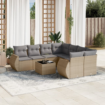 9-tlg. Garten-Sofagarnitur mit Kissen Beige Poly Rattan