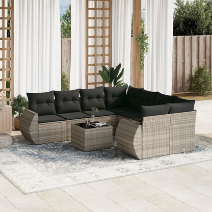 9-tlg. Garten-Sofagarnitur mit Kissen Hellgrau Poly Rattan