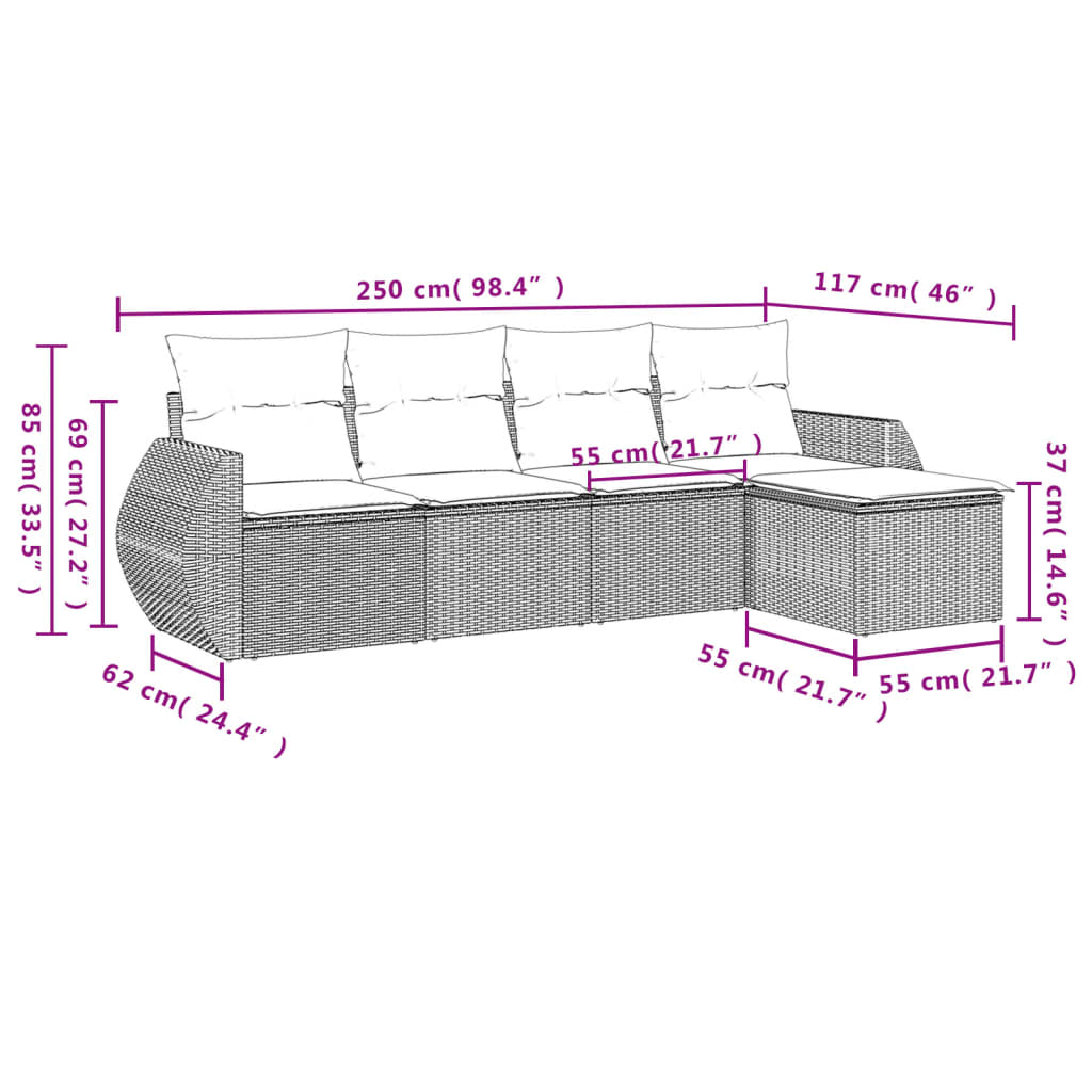 5-tlg. Garten-Sofagarnitur mit Kissen Grau Poly Rattan