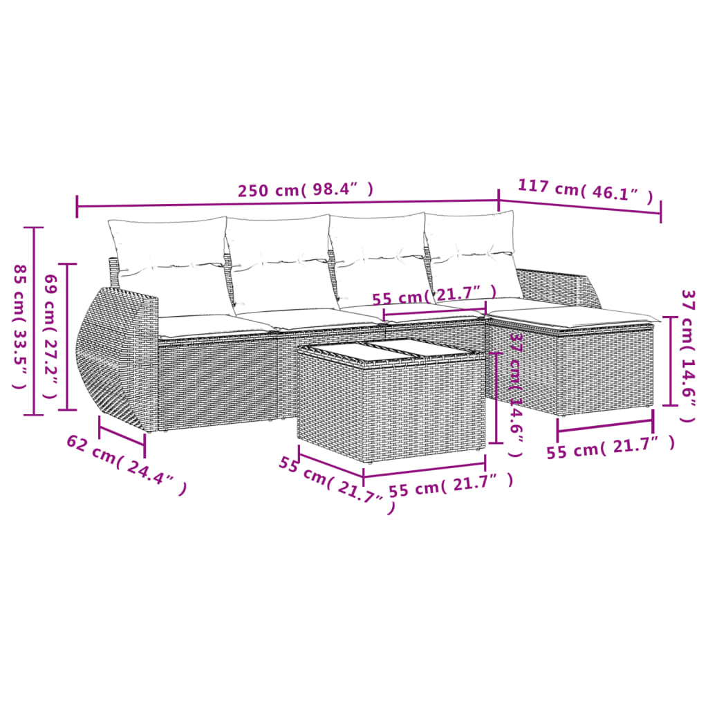 6-tlg. Garten-Sofagarnitur mit Kissen Schwarz Poly Rattan