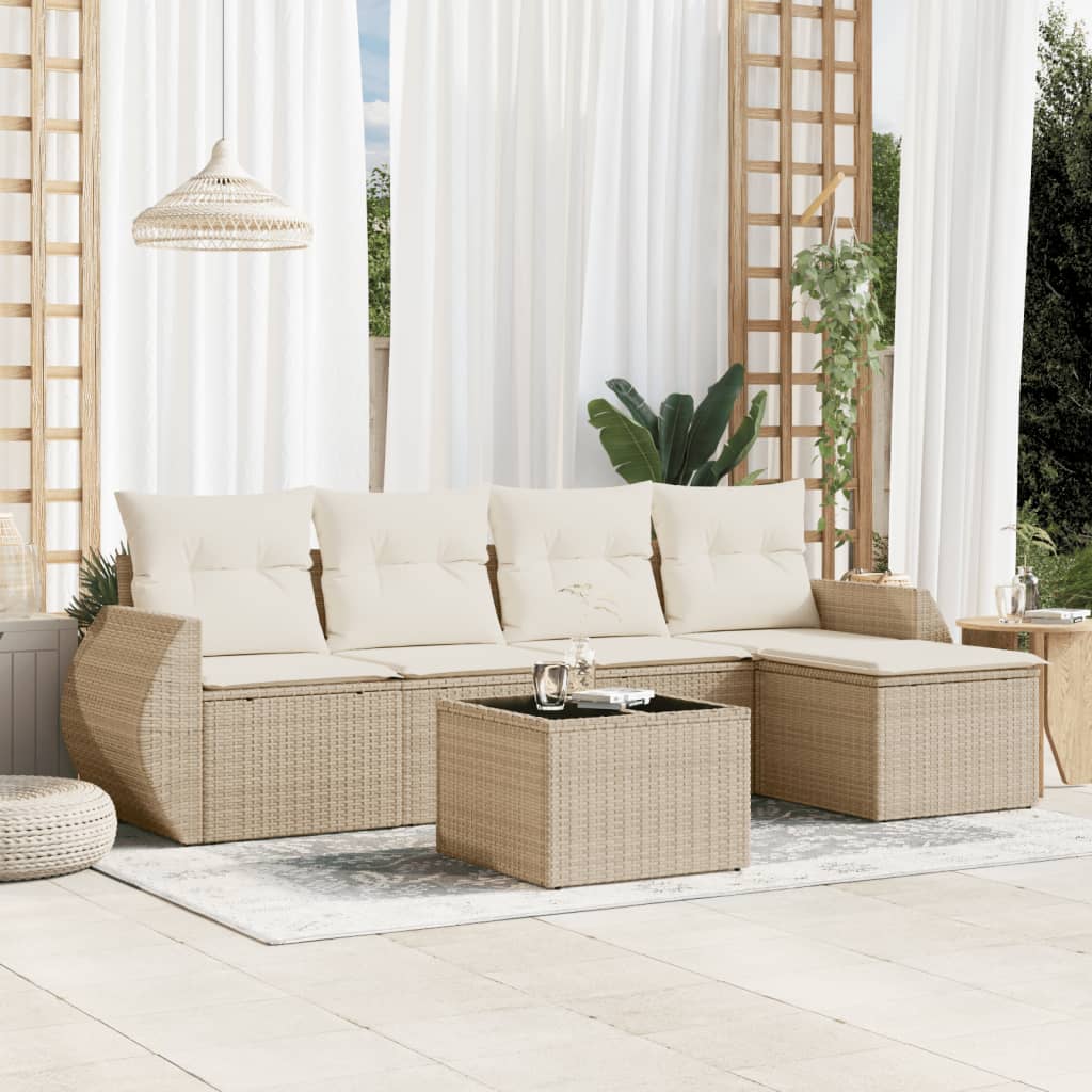 6-tlg. Garten-Sofagarnitur mit Kissen Beige Poly Rattan