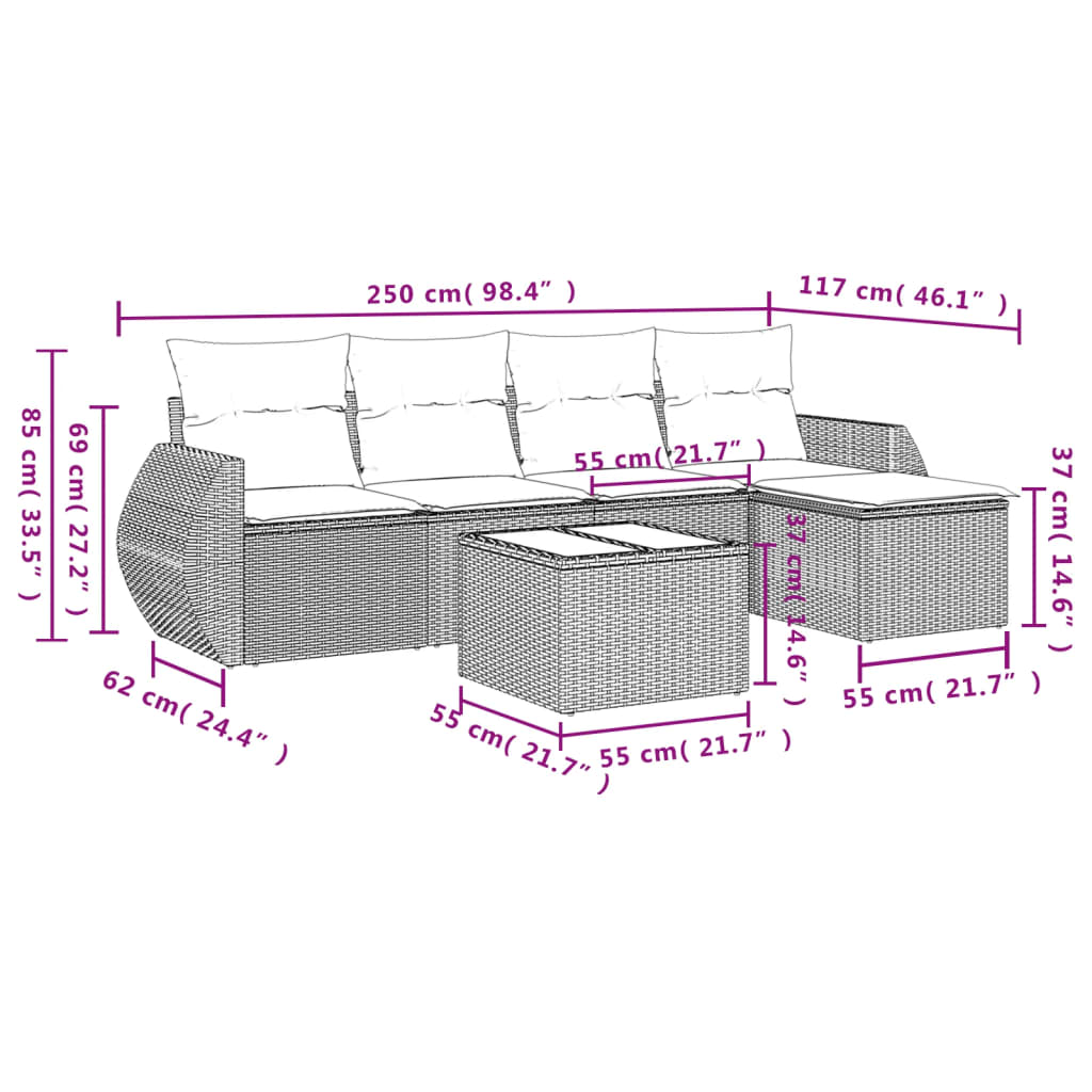 6-tlg. Garten-Sofagarnitur mit Kissen Beige Poly Rattan