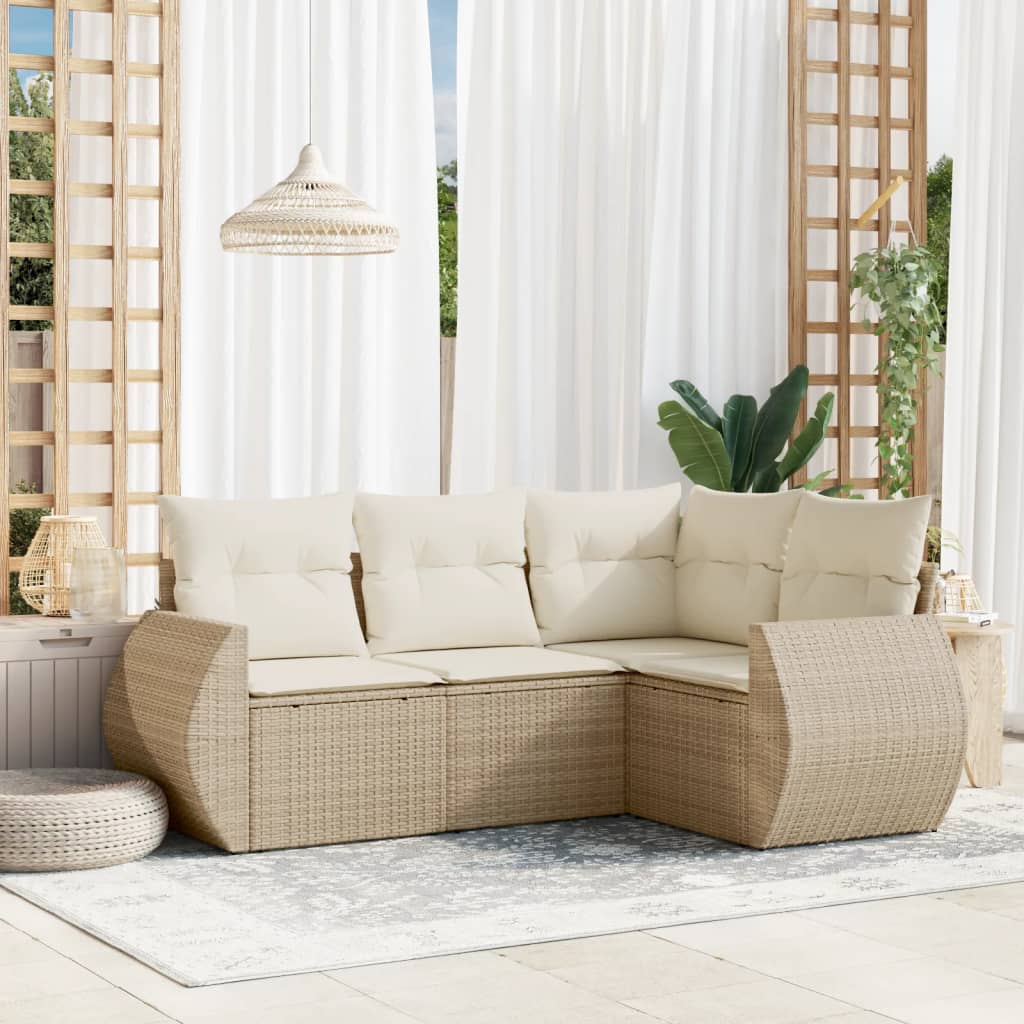 4-tlg. Garten-Sofagarnitur mit Kissen Beige Poly Rattan