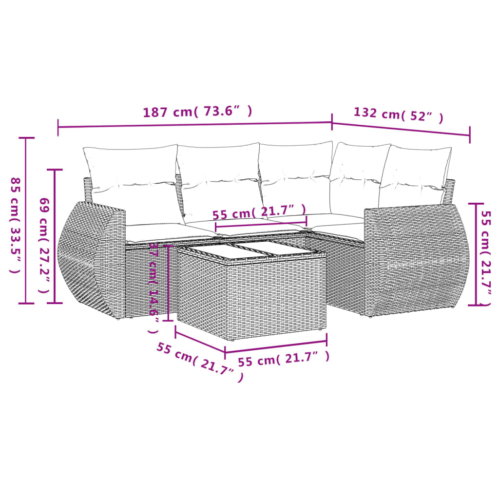 5-tlg. Garten-Sofagarnitur mit Kissen Beige Poly Rattan