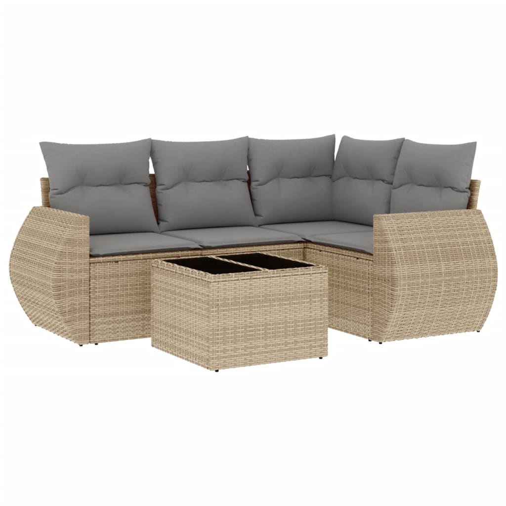 5-tlg. Garten-Sofagarnitur mit Kissen Beige Poly Rattan