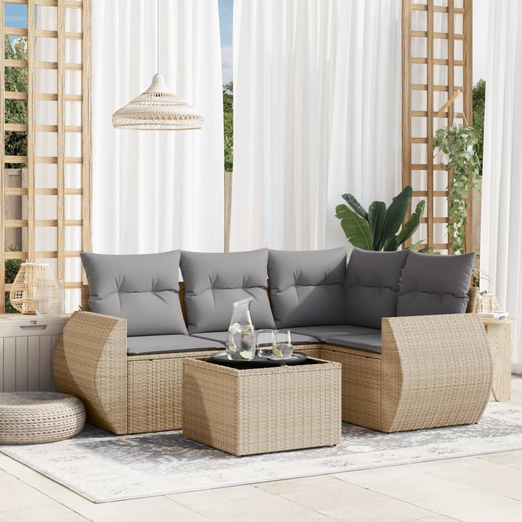 5-tlg. Garten-Sofagarnitur mit Kissen Beige Poly Rattan