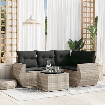 5-tlg. Garten-Sofagarnitur mit Kissen Hellgrau Poly Rattan