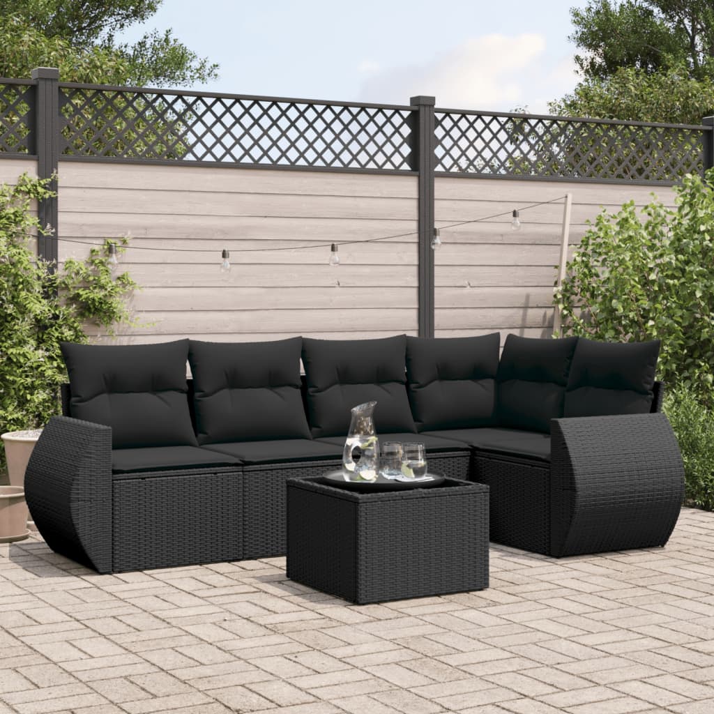 6-tlg. Garten-Sofagarnitur mit Kissen Schwarz Poly Rattan