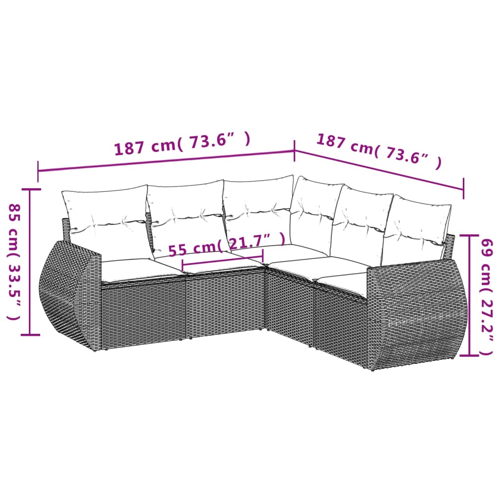 5-tlg. Garten-Sofagarnitur mit Kissen Hellgrau Poly Rattan