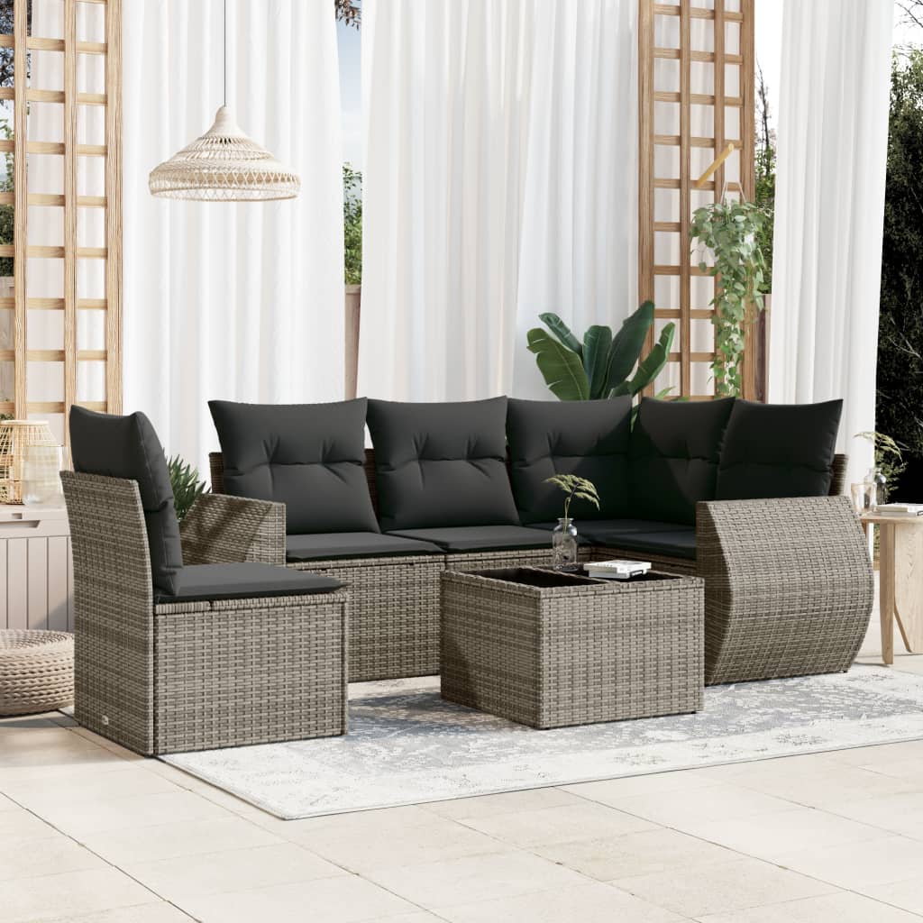 6-tlg. Garten-Sofagarnitur mit Kissen Grau Poly Rattan