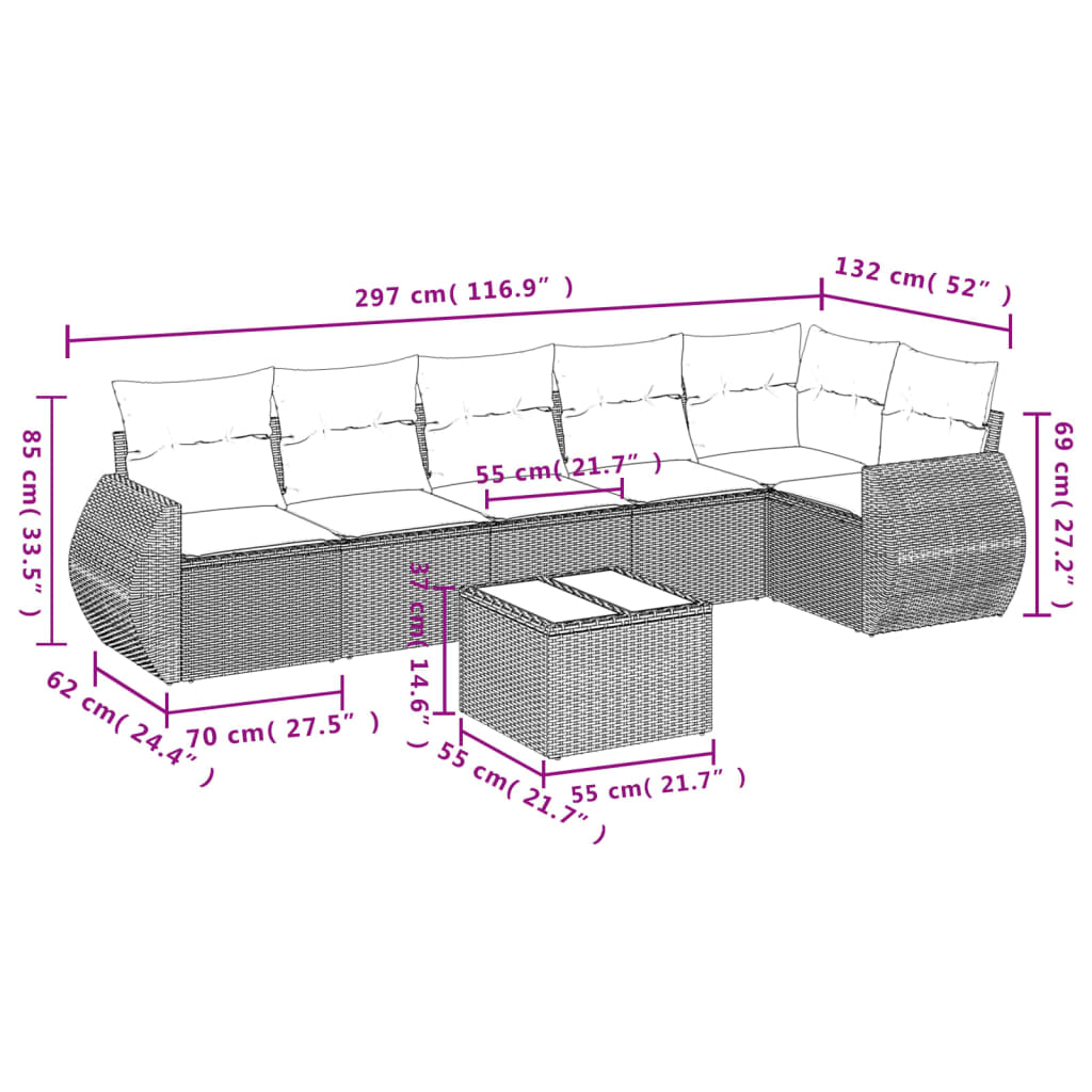 7-tlg. Garten-Sofagarnitur mit Kissen Beige Poly Rattan