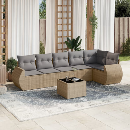 7-tlg. Garten-Sofagarnitur mit Kissen Beige Poly Rattan