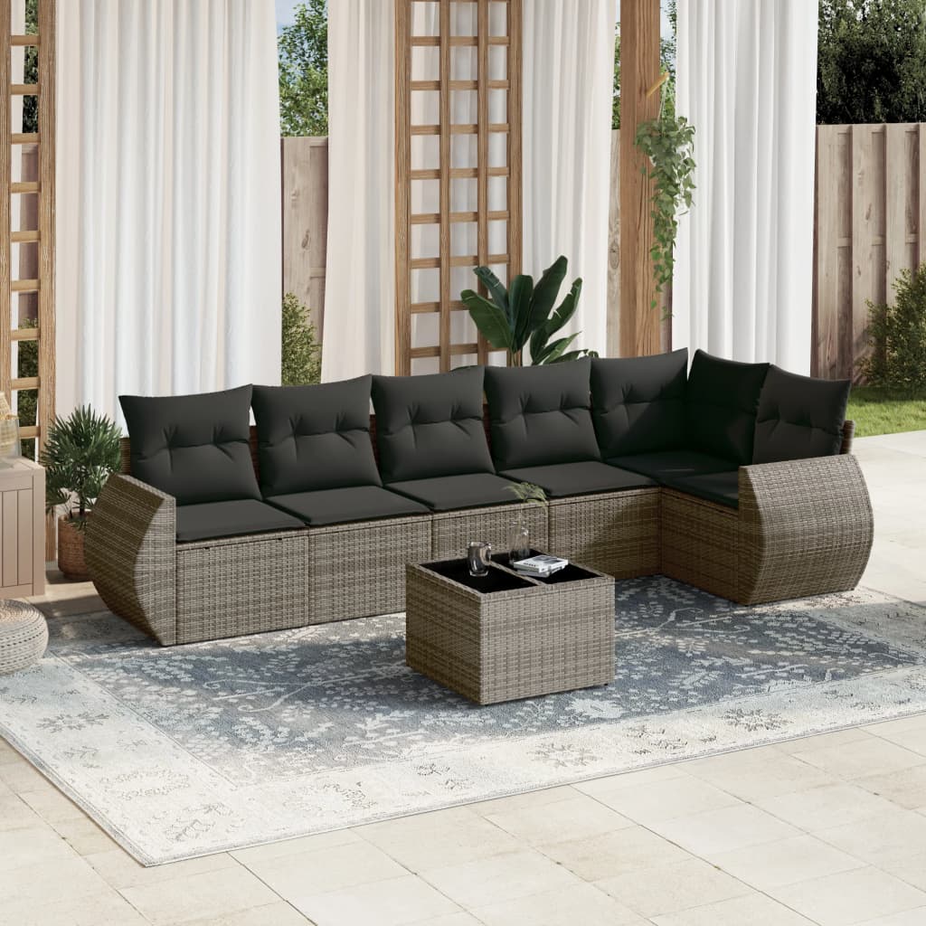 7-tlg. Garten-Sofagarnitur mit Kissen Grau Poly Rattan