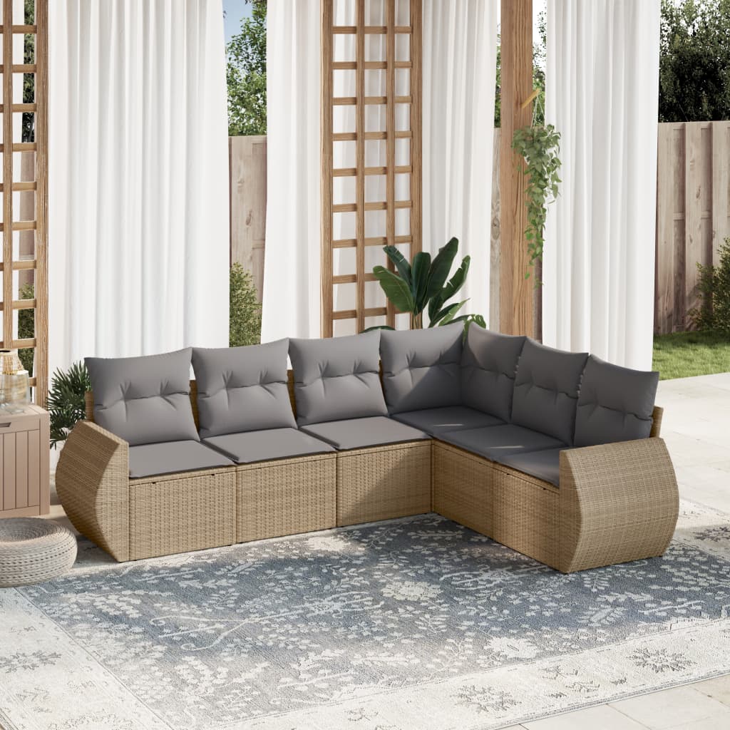 6-tlg. Garten-Sofagarnitur mit Kissen Beige Poly Rattan