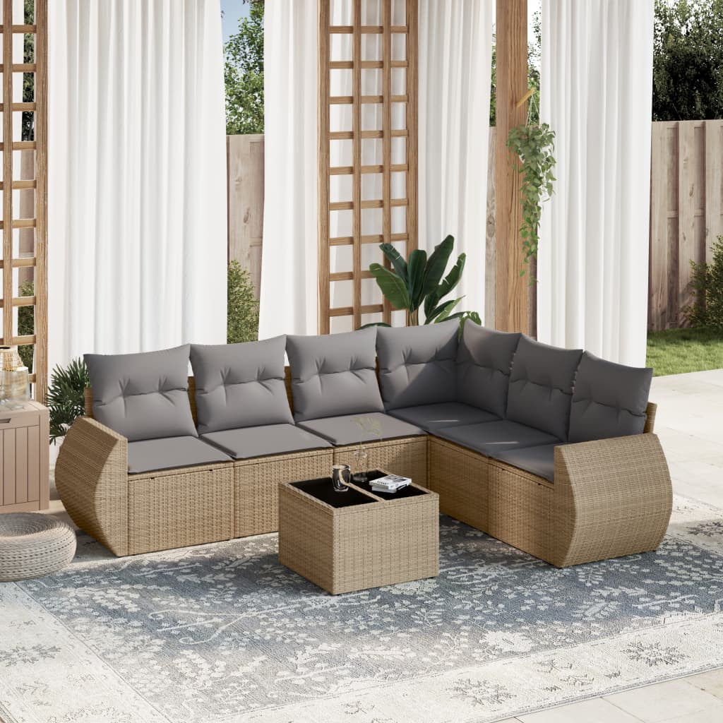 7-tlg. Garten-Sofagarnitur mit Kissen Beige Poly Rattan