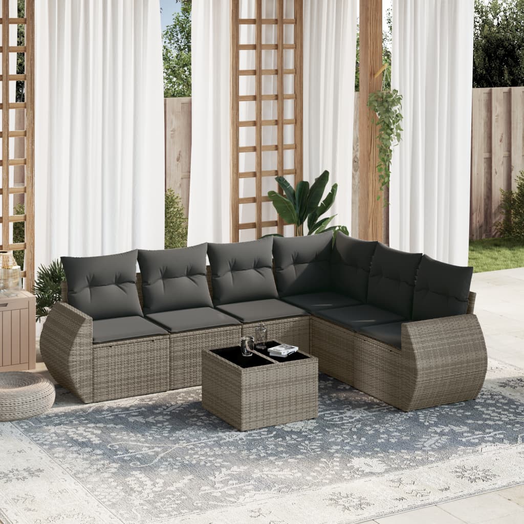 7-tlg. Garten-Sofagarnitur mit Kissen Grau Poly Rattan