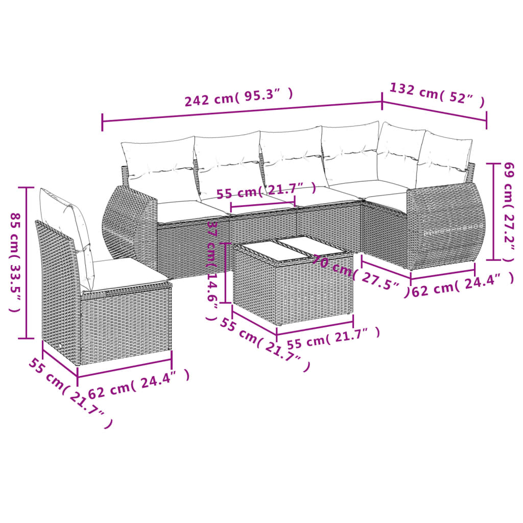 7-tlg. Garten-Sofagarnitur mit Kissen Beige Poly Rattan