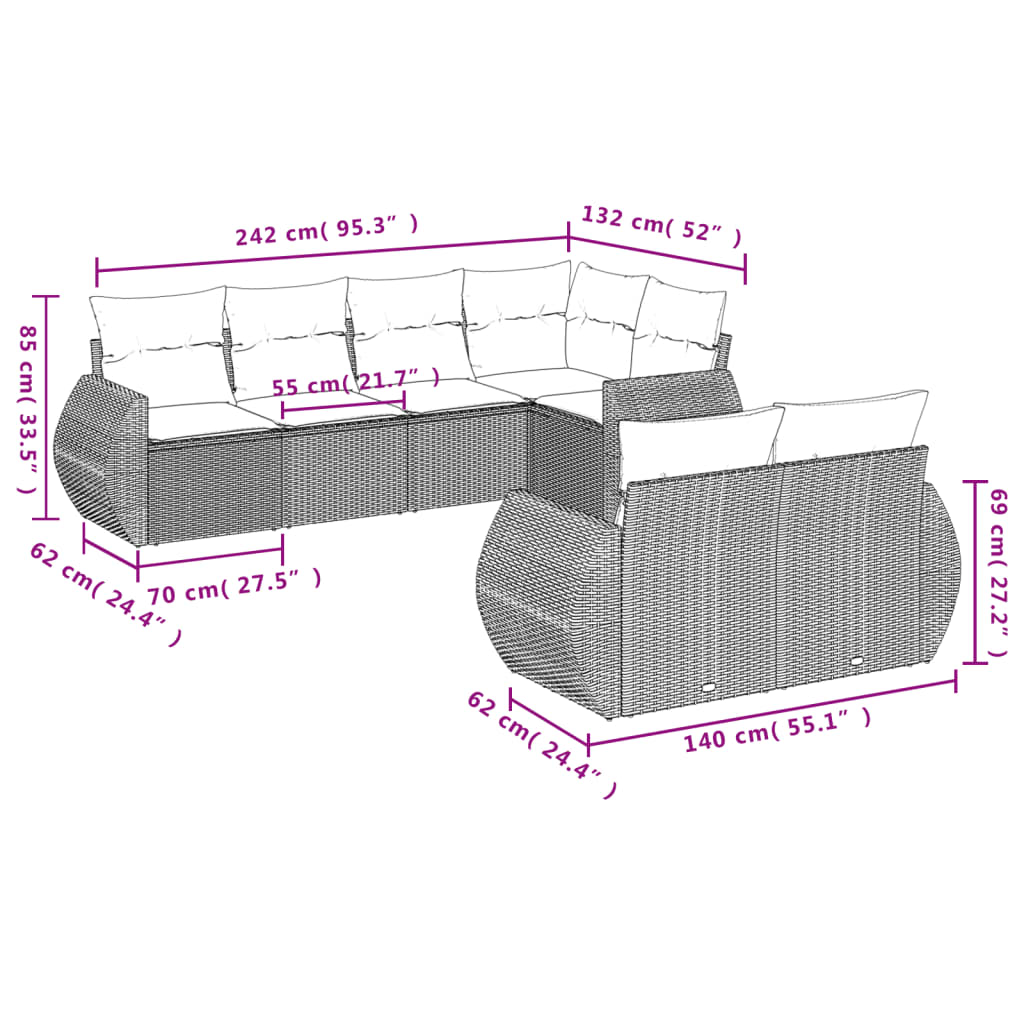 7-tlg. Garten-Sofagarnitur mit Kissen Schwarz Poly Rattan