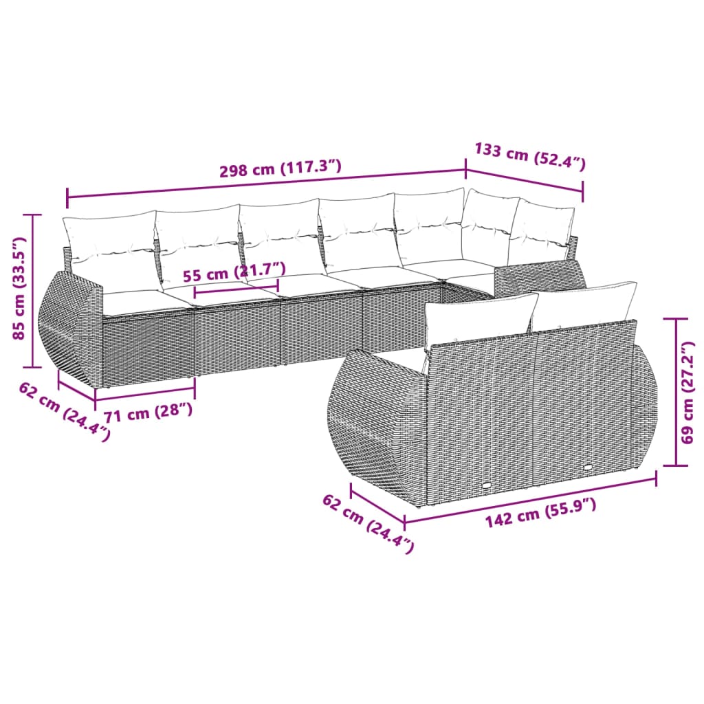 8-tlg. Garten-Sofagarnitur mit Kissen Hellgrau Poly Rattan