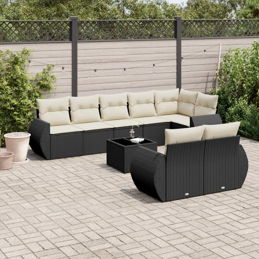 9-tlg. Garten-Sofagarnitur mit Kissen Schwarz Poly Rattan