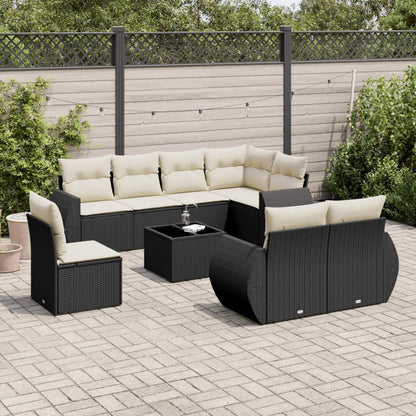 9-tlg. Garten-Sofagarnitur mit Kissen Schwarz Poly Rattan