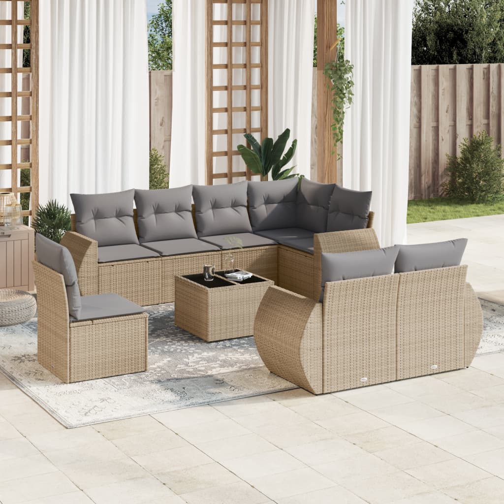 9-tlg. Garten-Sofagarnitur mit Kissen Beige Poly Rattan