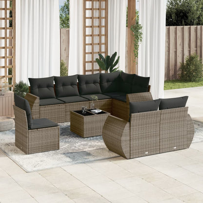 9-tlg. Garten-Sofagarnitur mit Kissen Grau Poly Rattan