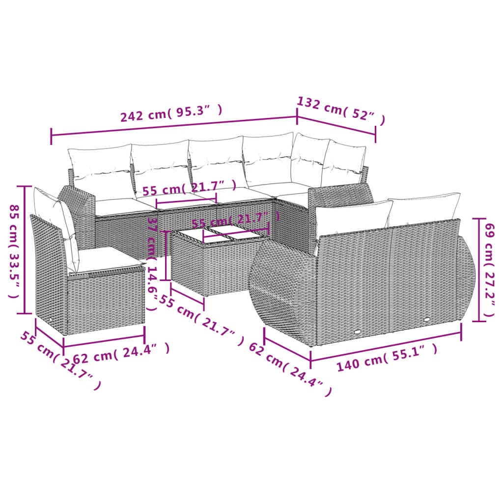 9-tlg. Garten-Sofagarnitur mit Kissen Braun Poly Rattan