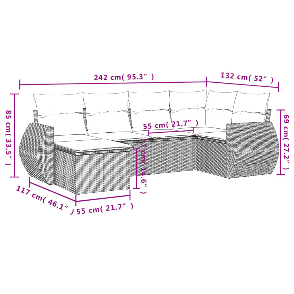 6-tlg. Garten-Sofagarnitur mit Kissen Beige Poly Rattan