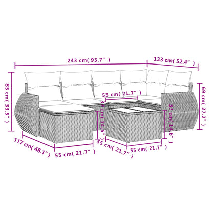 7-tlg. Garten-Sofagarnitur mit Kissen Schwarz Poly Rattan