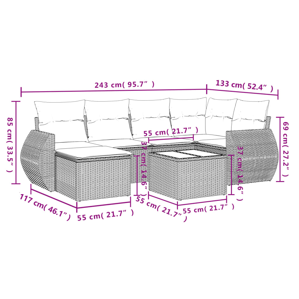 7-tlg. Garten-Sofagarnitur mit Kissen Schwarz Poly Rattan